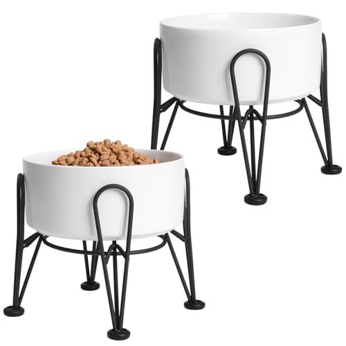 Elevated Dog Bowls, Ceramic Raised Dog Bowl Set with Anti-Slip and Non-Tip Metal Stand, 2 Pack Pet Food and Water Feeding Bowls for Small and Medium Dogs (White,3.6 Cups) - color: White, size: 3.6 Cups | 2 Pack | For Medium Dogs