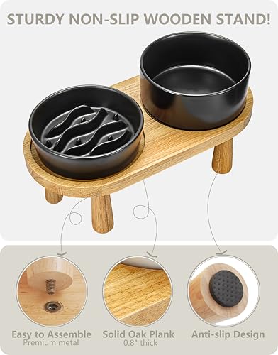 Ceramic Slow Feeder and Water Bowl Set for Small Dogs, 0.6 Cups Dog Slow Feeder(14oz) and 30oz Water Bowl Set, 6in, Black - color: Black, size: 6-Inch