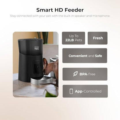Penthouse Paws Smart HD Pet Feeder, 6L Dry Food Capacity, 1080p Camera, 2-Way Audio, Scheduled Meals, Backup Power, Easy to Clean, Anti-Jam Design for Cat & Dog, Black/Stainless Steel - color: Black with Steel Tray