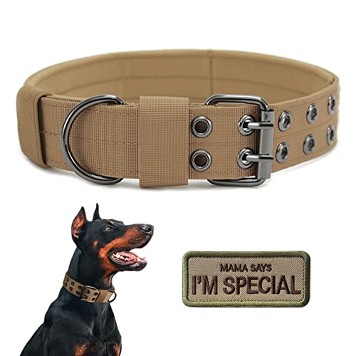 Tactical Dog Collar Military Adjustable Dog Collars Soft Nylon Training Collar with Patch Heavy Duty Metal Buckle Collars for Medium Large Dogs (Brown, XL) - color: Brown, size: XL