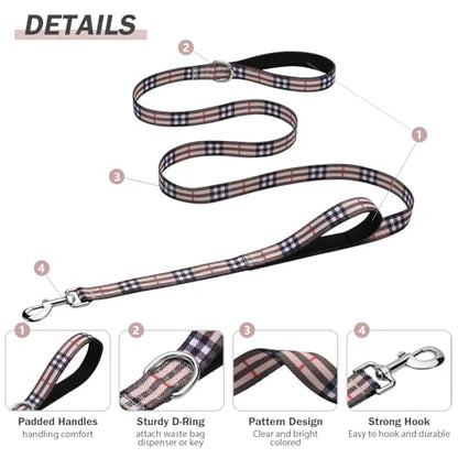 Hikiko 6 Foot Double Handle Small Dog Leash, Padded Pet Leash Traffic Handles for Walking Training (Beige Plaid, 6ft) - color: Beige Plaid, size: 3/4 in x 6 ft