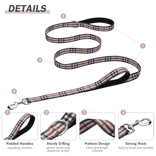Hikiko Double Handle Dog Leash Cute Girl 5 Foot Padded Traffic Handles for Walking Training (Beige Plaid, 5ft) - color: Beige Plaid, size: 1 in x 5 ft