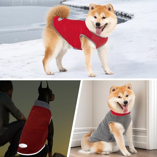 cyeollo 2 Pack Dog Fleece Sweater Stretchy Sweatshirt with Reflective Stripe Pullover Soft Jacket Pet Clothes Dog Sweaters for Small Dogs, Red & Grey M - color: 3# Red & Grey, size: Medium