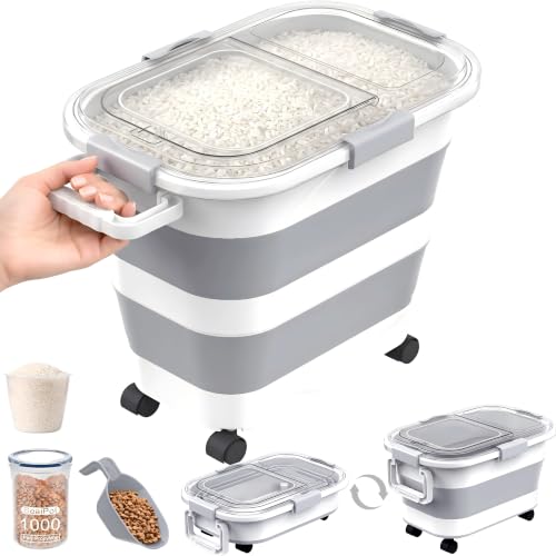 30 Lbs Rice Storage Container with Wheels, Collapsible Airtight Dog Food Storage Container with Transparent Lid, Measuring Cup, Scoop, Handle, BPA Free Rice Holder for Pet Food, Grain, Bird Seed - color: Grey/30lbs