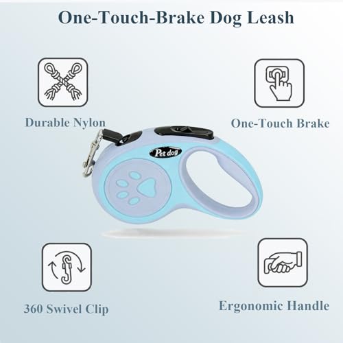 TerraKin 360° Tangle-Free Retractable Dog Leash for Small to Medium Dogs - 16ft Durable Nylon Tape with One-Hand Brake, Pause & Lock, Paw-Shaped Anti-Slip ABS Handle, Blue - color: Blue