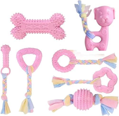 Puppy Chew Toys Set, Soft Rubber Teething Toys for Small Dogs, Durable Interactive Dog Toys with Cotton Rope, Pink & Blue 2 Colors