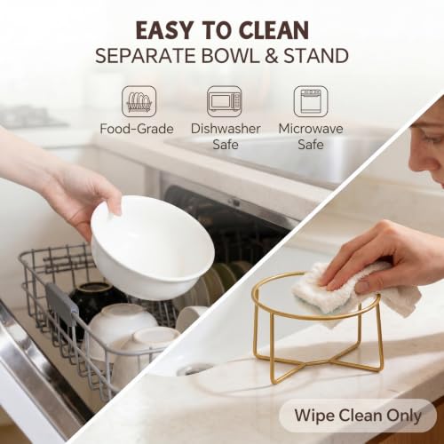 White Large Ceramic Tilted Elevated Cat Dog Bowl Raised Cat Food Water Bowl Dish Pet Comfort Feeding Bowls with Gold Iron Stand - color: White, size: Large