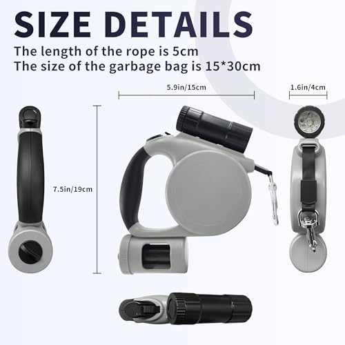 Retractable Dog Leash for Medium & Small Dogs - 16.4 Ft Pet Leash with Detachable LED Flashlight, Poop Bag Dispenser, Ergonomic Handle(Gray)