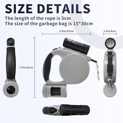 Retractable Dog Leash for Medium & Small Dogs - 16.4 Ft Pet Leash with Detachable LED Flashlight, Poop Bag Dispenser, Ergonomic Handle(Gray)