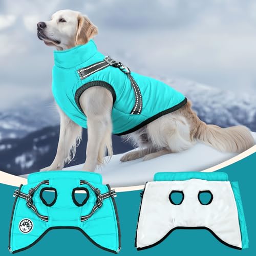 PETCARE Winter Dog Coat with Harness Built in Waterproof Dog Jackets Warm Pet Fleece Vest Windproof Snow Jacket Snowsuit Reflective Dogs Cold Weather Coats for Puppy Small Medium Large Dogs Cats - color: Blue, size: 5XL(Chest 31.5" Suggest 45-70 lbs)
