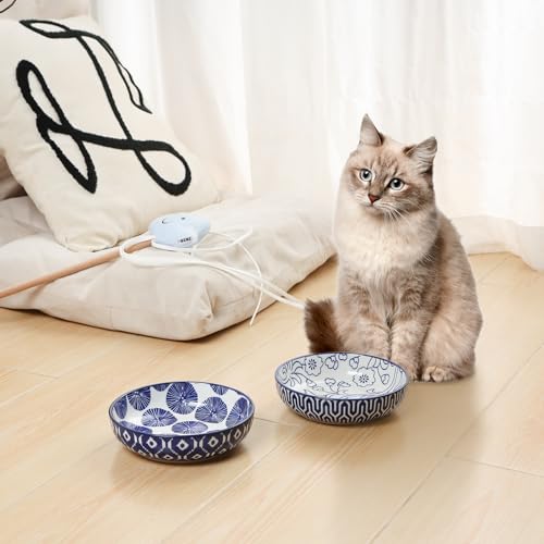 Selamica 세라믹 고양이 사료 그릇 4개 세트, 14cm(5.6인치) 너비의 얕은 고양이 그릇/음식과 물용 접시, 빈티지 블루 - color: 빈티지 블루, size: 5.6 Inch, Set of 4