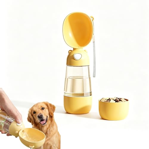 2-in-1 Dog Water Bottle, 400ML Water + 200ML Food Leak-Proof Pet Travel Water Dispenser with Detachable Bowl, BPA-Free Portable Dog Water Bottle for Walking, Hiking, Travel (Yellow) - color: yellow