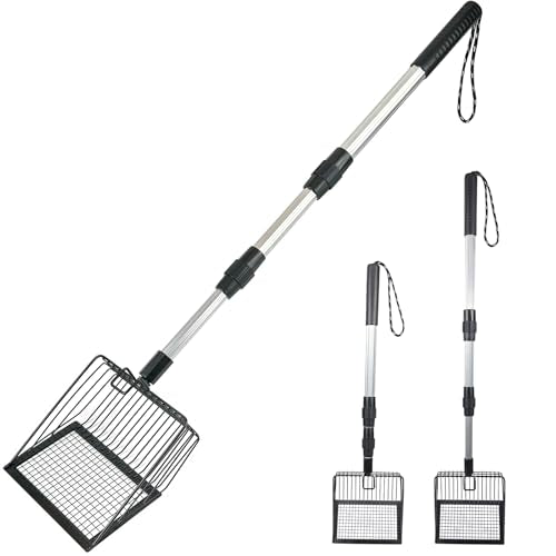 Cat Litter Scoop with Extendable Long Handle, 22.2"-42.5" No Bending Back Metal Kitty Litter Scoop, Large Non-Stick Wide Flat Head Heavy Duty Cat Pooper Scooper