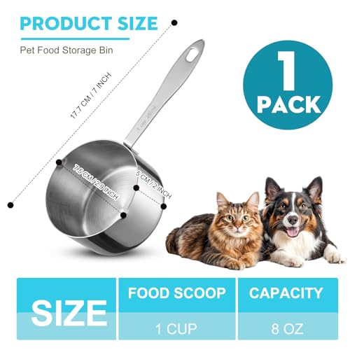Dog Food Scoop 1 Cup Stainless Steel Measuring Cups Metal Pet Scooper with Inner Precision Scale Measurement for Wet Dry Dog Food (1 CUP) - size: 1 CUP