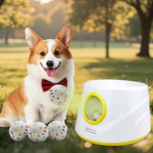 MEKAPLE Automatic Dog Ball Launcher, Upgraded Interactive Dogs Balls Thrower for Small and Medium Dogs, Distance Adjustable Mental Stimulating Dog Toys with 4 Durable Etpu Balls 2.2 Inch (Yellow) - color: Yellow
