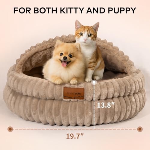 CHEERPALS Cat Cave Bed for Indoor Cats, Washable Covered Cat Bed Hooded Kitty Bed Soft Fluffy Pet Bed for Puppy and Small Dog(Khaki) - color: Khaki