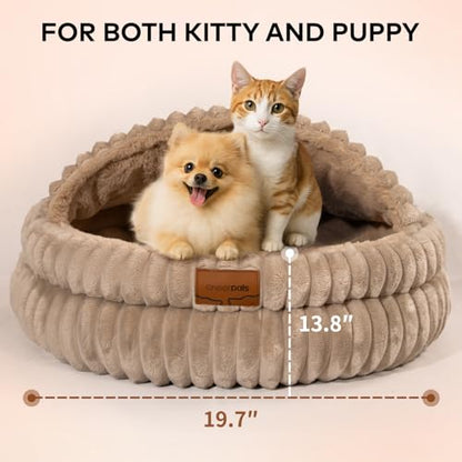 CHEERPALS Cat Cave Bed for Indoor Cats, Washable Covered Cat Bed Hooded Kitty Bed Soft Fluffy Pet Bed for Puppy and Small Dog(Khaki) - color: Khaki