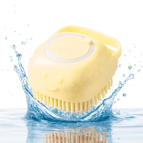 HamInWay Dog Bath Brush, 2-in-1 Dog Grooming Brush with Built-in Shampoo Dispenser, Gentle Silicone Bristles for Bath & Massage, Non-Slip Handle, Easy Clean Design for Dogs, Cats & Small Pets, Yellow - color: Yellow