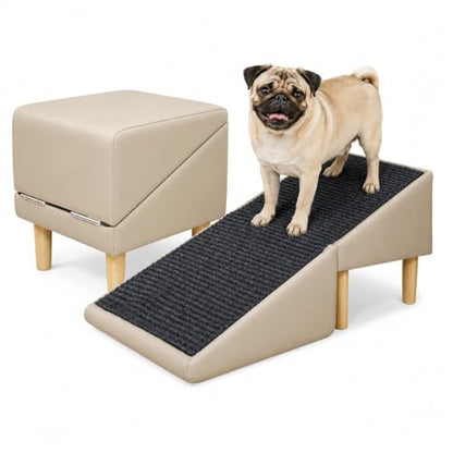 Dog Ramp for Bed and Couch, 2-in-1 Pet Ramp Ottoman, 16" High | Low-angle 23° incline with non-slip washable surface helps protect joints for small dogs, puppies and senior pets