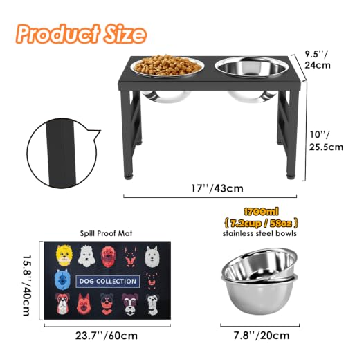 Metal Raised Dog Bowl, 10" Elevate Dog Feeder Stand, 2 Bowls & Non-Slip Mat - color: Black - L Dog Mat, size: Height:10inch