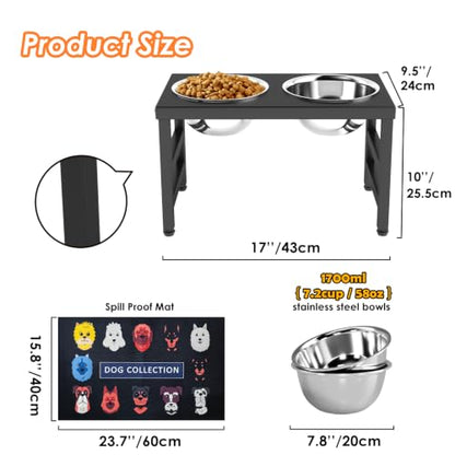 Metal Raised Dog Bowl, 10" Elevate Dog Feeder Stand, 2 Bowls & Non-Slip Mat - color: Black - L Dog Mat, size: Height:10inch