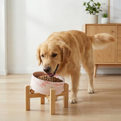hjn Elevated Ceramic Dog Bowl 15°Slanted Raised Dog Bowl with Bamboo Stand for Small Medium Dogs and Cats, Pet Feeder -7.6-Cup (1800ml)-Marble Pink - color: Marble Pink, size: 7.6Cup
