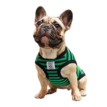 iChoue French Bulldog 100% Breathable Cotton Striped T Shirts Halloween Vest Clothes for Medium Dogs Tank Tops Frenchie Pug English Boston Terrier Pitbull Green Black Stripes - Large Plus - color: Classic Stripe Black Green, size: Large Plus ( 35 - 45 lbs