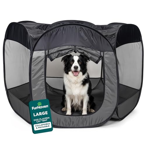 FurHaven Soft-Sided Dog & Cat Playpen, Portable Foldable Indoor & Outdoor Pet Playpen with Mesh Windows & Zippered Door, Gray, Large - color: Gray, size: Large