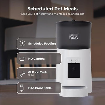 Penthouse Paws Smart HD Pet Feeder, 6L Dry Food Capacity, 1080p Camera, 2-Way Audio, Scheduled Meals, Backup Power, Easy to Clean, Anti-Jam Design for Cat & Dog, White - color: White