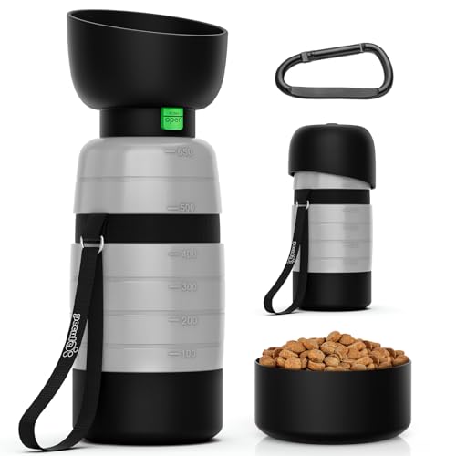 Pecute Upgraded 22 oz Dog Water Bottle with 5 oz Food Container, Portable Dog Travel Water Bottle Dispenser, Leakproof, BPA Free, Lightweight, Pet Water Bottle Bowl for Outdoor Walking Hiking Camping | Portable, Leakproof, includes Foldable Bowl, Lightwei