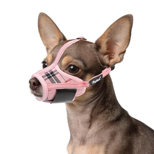 PUPTECK Dog Muzzle, Soft Adjustable Loop Reflective Pets Muzzle Prevent Biting Barking Chewing, Breathable Muzzle with Air Mesh Dog Mouth Guard Drinkable for Large Medium Small Sized, Pink Plaid S - color: Pink, size: S (Snout Cir: 4.7"-5.9")