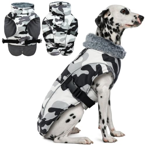 DENTRUN Warm Dog Winter Coat, Easy On Reflective Turtleneck Fleece Jacket | Adjustable buckle, easy on off, windproof & water-repellent, thick fleece snowsuit, outfit fits small to large breeds - color: White Camouflage, size: Large