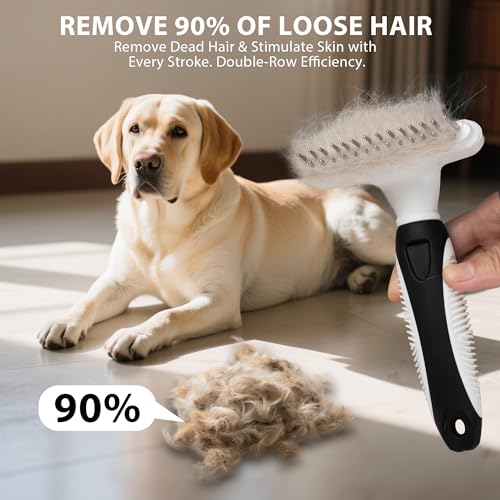 Dog Cat Grooming Tool Rake, Pet Dematting Tool with Stainless Steel Shedding Comb, Double Row Pet Rake Gently Remove Loose or Tangled Hair from Undercoat Black - color: Black