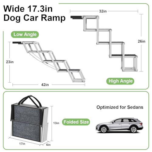 Dog Stairs for Car - Folding Dog Ramp 17" Wide, Portable & Lightweight Dog Steps with Non-Slip Surface & Aluminum Frame, Pet Stairs Supports up to 250 lbs, 4 Steps - size: 17.3*13 in