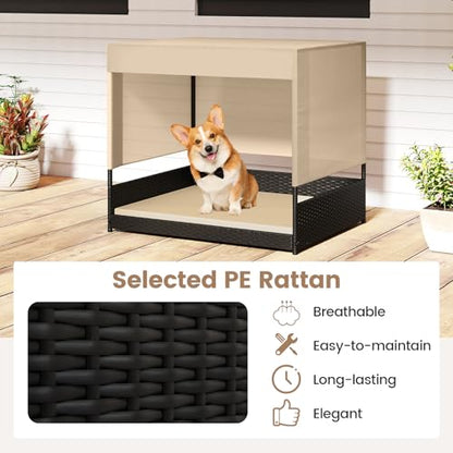 Tangkula Elevated Wicker Dog House for Small to Medium Breeds, Raised Rattan Pet Sofa Bed with Removable Cushion, Canopy Roof, Indoor & Outdoor Puppy Cat Shade Shelter for Patio, Yard, Garden