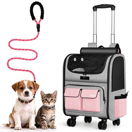 MGB Large Pet Carrier, Foldable Rolling Dog Carrier with Removable Wheels, Cat Rolling Bag 21.3"x15"x12.2" for 2 Cats & 1 Dog for Travel, Outdoor, Vet Visits, Camping, Indoor. Pink. (Not for Airline) - color: Pink