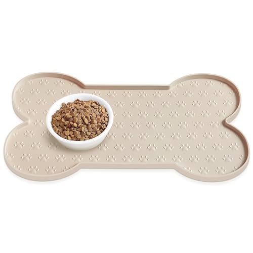 PWTAA Dog Food Mat Anti-Slip Silicone Dog Bowl Mat Thicker Pet Placemat Waterproof Cat Feeder Pad with Raised Edge Puppy Kitten Feeding Mats Suitable Small Medium-Sized Dogs Cats Eating Tray - color: Beige, size: 19.4" x 9.8"