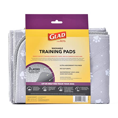 Glad for Pets Washable Dog Pee Pads, Medium, 24 x 36 Inch, 2 Count, Gray with Paw Prints, 3-Layer Leak Protection, No-Slip Vinyl Bottom, Reusable Puppy Training Pads (Pack of 2) - size: 24" x 36" - 2 Count (Pack of 2)