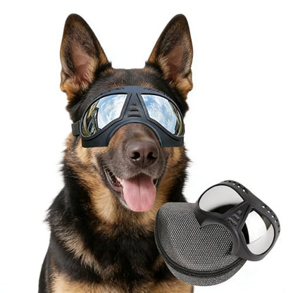 Namsan Dog Goggles for Large Dogs, Wide Snout & Soft Frame, Tactical Driving Sunglasses for Dogs Medium to Large Breed, Anti-UV Dog Eye Protection, Windproof Dustproof, Adjustable, Black - color: (Large)Silver Lens