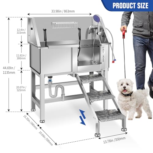 Stainless Steel Dog Washing Station, Pet Grooming Tub W/Storage Stairs, Faucet & Showerhead & Soap Holder Dog Bathtub for Large & Medium & Small Pets,34" R-RAMP - color: 34" R-RAMP