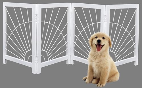 Freestanding Pet Gate for Dogs – Foldable Wooden Indoor Dog Gate, 72" W x 18" H, 4 Panel Design with Sunshine Pattern, Portable Safety Gate for Stairs, Doorways, and Hallways –White Finish - color: White, size: 72"x24" Sunshine 4 Panels