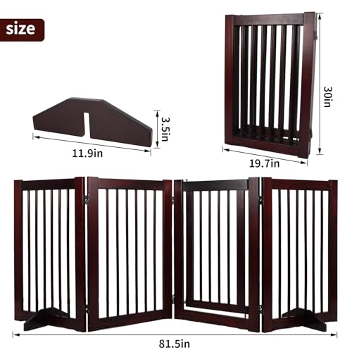 Wooden Freestanding Pet Gate, Pet Gate for Dogs, 29.5inch 4-Panel Wooden Dog Fence with 2 Support, Feet Folding Dog Gate for Indoor, Doorway, Stairs, Kitchen, 81.5“L×30”H (Brown)