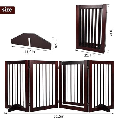 Wooden Freestanding Pet Gate, Pet Gate for Dogs, 29.5inch 4-Panel Wooden Dog Fence with 2 Support, Feet Folding Dog Gate for Indoor, Doorway, Stairs, Kitchen, 81.5“L×30”H (Brown)