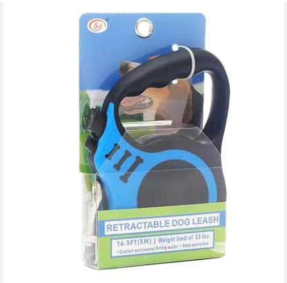 Retractable Dog Leash, Blue, 16.5 Ft, Polyester Flat Traction Belt, 360 Rotational Tangle-Free Hook, One-Button Brake and Lock, for Small and Medium Dogs up to 33 lbs - color: Blue And Black