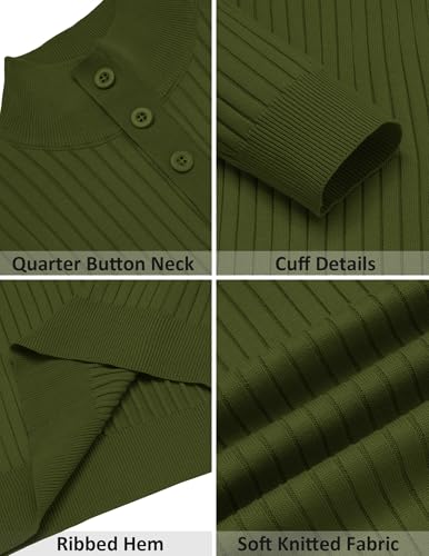 COOFANDY Mens Quarter Button Sweater Long Sleeve Stand Collar Sweaters Casual Knitted Ribbed Dress Pullover - color: Army Green, size: X-Large