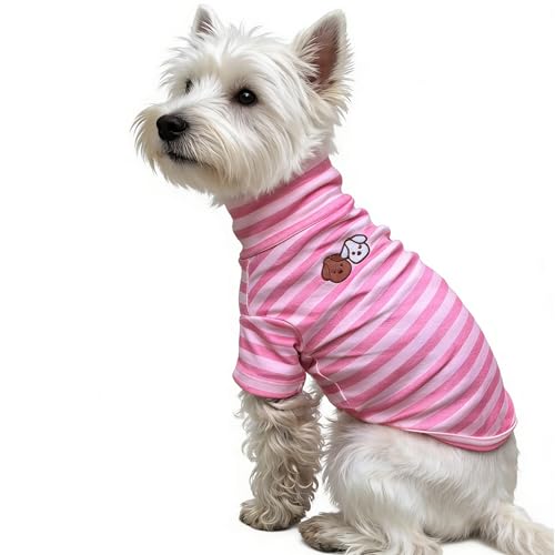Turtleneck Dog Shirt Cute Doggie Embroidery Super Soft Dog Sweatshirt Stretchy Striped Puppy Pullover for Cats Small Medium Large Dogs (Pink Striped, Small) - color: Pink Striped, size: Small