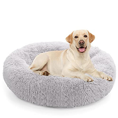 NOYAL Calming Dog Bed Donut Anti Anxiety Fluffy Dog Bed for Small Medium Dog and Cat - color: Light gray, size: Large 27.5''