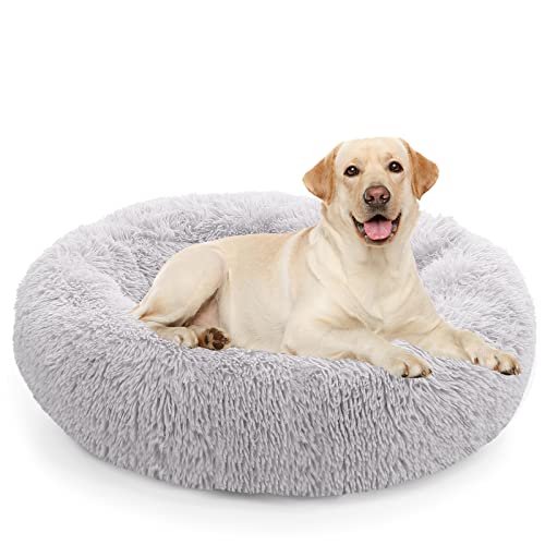 NOYAL Calming Dog Bed Donut Anti Anxiety Fluffy Dog Bed for Small Medium Dog and Cat - color: Light gray, size: Large 27.5''