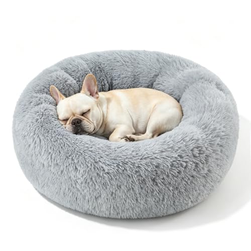 Dog Calming Beds for Small Medium Large Dogs - Round Donut Washable Puppy Dog Bed, Anti-Slip Faux Fur Fluffy Donut Cuddle Anxiety Cat Pet Bed(Light Grey 20") - color: Light Gray, size: 20"L x 20"W x 8"Th