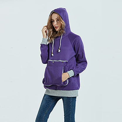 Pet Pouch Hoodie Long Sleeve Fleece Kitten Puppy Holder Carrier Sweatshirt for Women - color: Purple, size: Small
